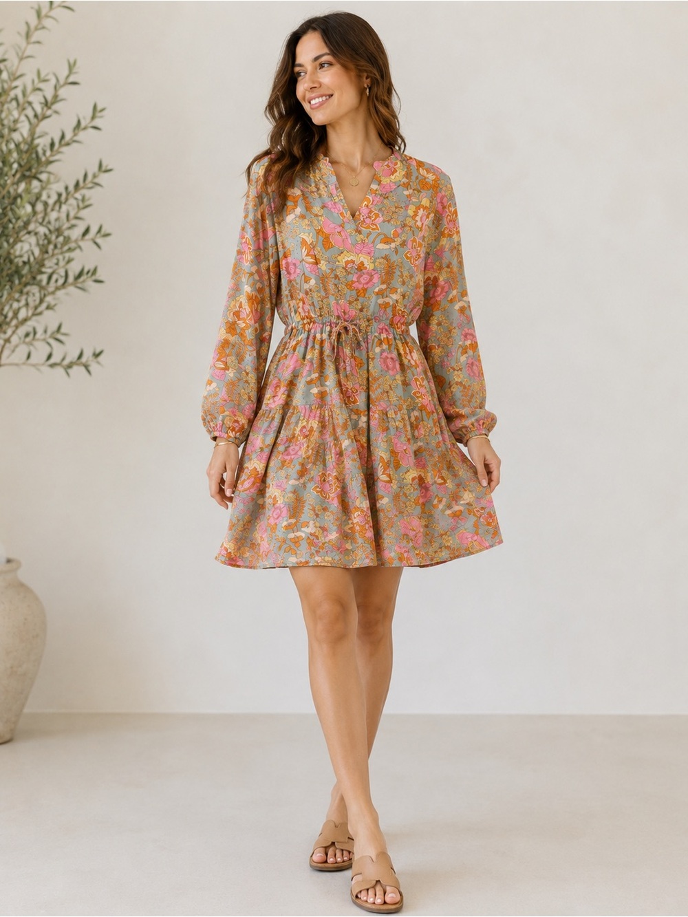 entro‎  "It's About Time" Floral Long-Sleeve Tiered Mini Dress L